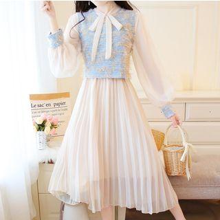 Set: Tie-neck Long-sleeve Pleated Dress + Vest
