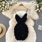 V-neck Ruched Velvet Spaghetti-strap Dress Black - One Size