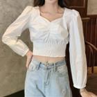 Long-sleeve V-neck Pleated Cropped Shirt