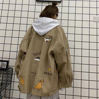 Cartoon Cat Print Button-up Jacket