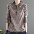 Long-sleeve Lace Trim Bow T-shirt