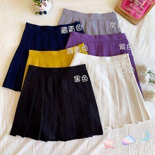 Pleated Plain A-line Mini Skirt