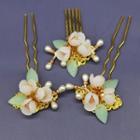 Set: Retro Flower Hair Stick + Hair Comb Set Of 3 - V16 - Gold & White - One Size