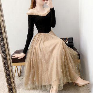 Cold-shoulder Rhinestone Midi A-line Mesh Dress