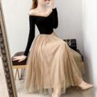 Cold-shoulder Rhinestone Midi A-line Mesh Dress