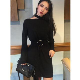 Cut Out Detail Plain Long Sleeve Dress