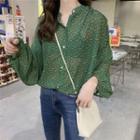 Floral Print Balloon-sleeve Chiffon Blouse Green - One Size