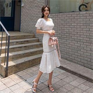 Puff-sleeve Ruffle-hem Eyelet-lace Dress