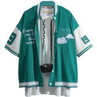 Elbow-sleeve Embroidered Two-tone Baseball Jacket