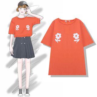 Elbow-sleeve Flower Printed T-shirt
