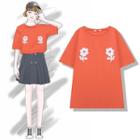 Elbow-sleeve Flower Printed T-shirt