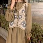 Puff-sleeve Midi A-line Dress / Floral Print Button-up Vest