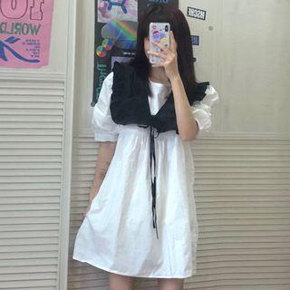 Balloon-sleeve A-line Dress / Ruffle Shawl Collar