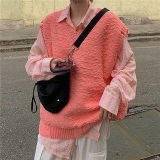 Polka Dot Long-sleeve Blouse / Plain V-neck Vest