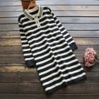 Striped Long-sleeve Knit Midi Polo Shirt Dress Stripes - Black & White - One Size