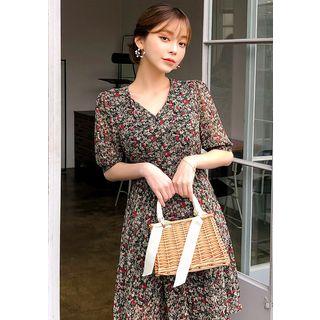 Floral Chiffon Flared Shirtwaist Dress