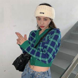 Long-sleeve Plaid Cropped Cardigan / Long-sleeve Mock Neck Plain Top