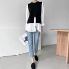 Inset Pleated Blouse Slit-front Knit Vest Black - One Size