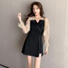 Set: Puff-sleeve Dotted Mesh Panel A-line Dress + Shorts