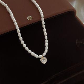 Heart Rhinestone Pendant Freshwater Pearl Necklace Freshwater Pearl & Rhinestone - Silver - One Size