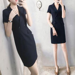 Short-sleeve Peak-lapel Pinstriped Sheath Dress