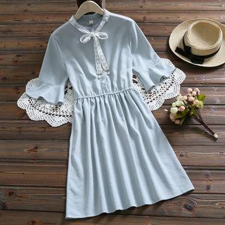 Elbow-sleeve Lace Ribbon Striped A-line Dress