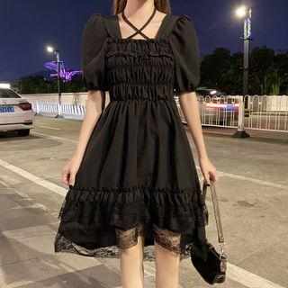 Short-sleeve Shirred Lace Trim A-line Dress