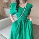 Short-sleeve Square-neck Midi Dress Green - One Size