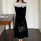 Long-sleeve Off-shoulder Two-tone Velvet Midi A-line Dress Black - One Size