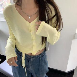 Long-sleeve Plain Lace Up Knit Cropped Cardigan