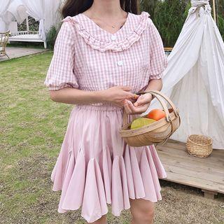 Gingham Elbow-sleeve Blouse / Mini A-line Godet Skirt