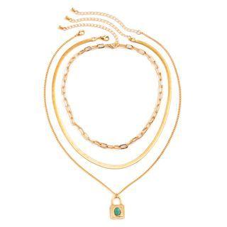 Set: Lock Turquoise Pendant Alloy Necklace + Alloy Necklace + Choker Gold - One Size