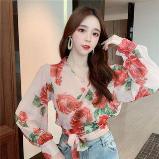 Floral Chiffon Top Red Roses - Light Pink - One Size