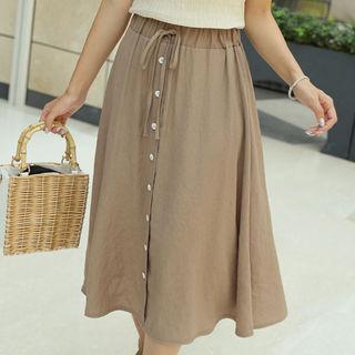 Drawstring-waist Button-detail Skirt