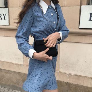 Long-sleeve Two-tone Dotted Mini A-line Shirtdress