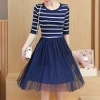 Striped Elbow-sleeve A-line Tulle Dress