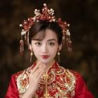 Set: Phoenix Wedding Tiara + Hair Stick + Cuff Earring Tiara & 1 Pair Hair Sticks & 1 Pair Cuff Earrings - Red & Gold - One Size