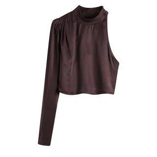 Plain Mock Neck Long Sleeve One-shoulder Top