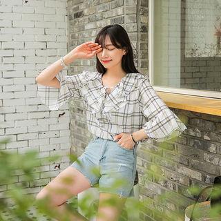 Tie-neck Ruffled Plaid Blouse