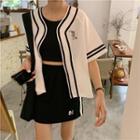 Set: Elbow-sleeve Cartoon Printed Striped Trim Buttoned Top + Contrast Trim A-line Mini Skirt