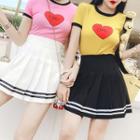 Short-sleeve Heart Print Ringer T-shirt / Pleated Skirt / Set