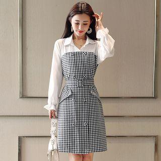 Gingham Panel A-line Dress With Belt