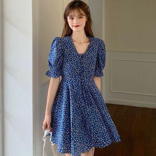 Puff-sleeve Lace-up Floral Mini A-line Dress