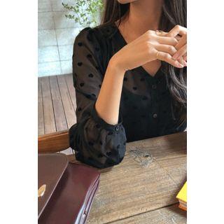 Heart Pattern See-through Blouse Black - One Size