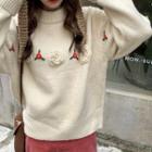 Mock-neck Floral Embroidery Sweater Almond - One Size