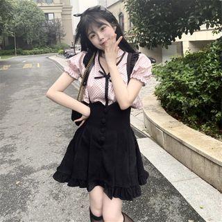 Puff-sleeve Dotted Shirt / Suspender Skirt