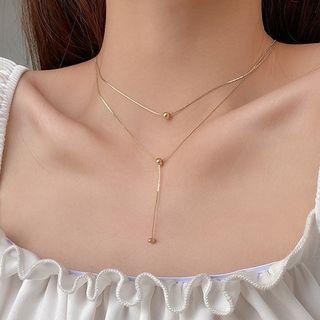 Bead Pendant Layered Stainless Steel Necklace Fx120 - Gold - One Size