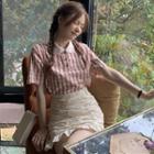 Short-sleeve Polo Collared Plaid Shirt / High-waist Ruffle Trim Shirred Skirt