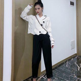 Long-sleeve Buttoned Knit Top / High-waist Wide Leg Pants