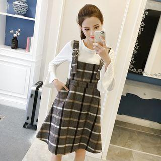Set: Knit Pullover + Plaid Jumper Dress
